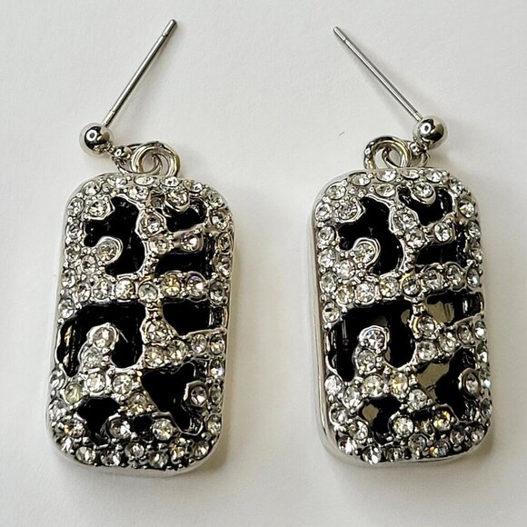 Black and Silver Small Rectangular Earrings - Picture 2 of 8